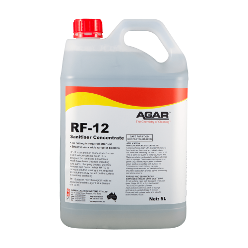 Agar RF12 Sanitiser Concentrate is a powerful and versatile sanitising solution designed to provide effective germ elimination across a wide range of surfaces