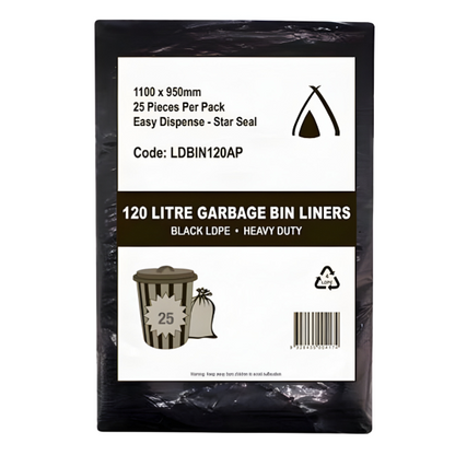 120L Heavy Duty Bin Liners (100 pack) made from durable LDPE. Perfect for heavy-duty waste in schools, restaurants, and more.