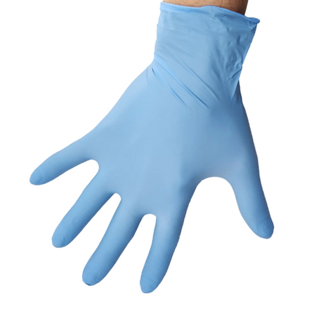 Puncture-resistant nitrile gloves, latex-free, powder-free, with textured fingertips for grip. 