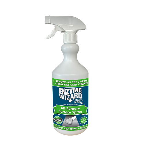 Enzyme Wizard Surface Spray uses a powerful enzyme formula to clean all surfaces, removing grease and grime safely without harsh chemicals