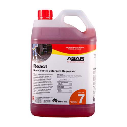 React Degreaser is a fast-acting cleaner for tough grime, oil, and carbon. Safe on aluminium, ideal for workshops, factories, and fire restoration.