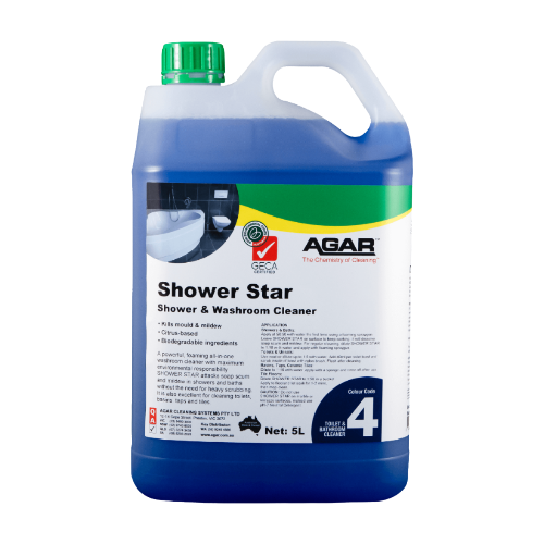 Shower Star is a concentrated cleaner ideal for all bathroom surfaces, effectively eliminating mould and mildew with minimal effort