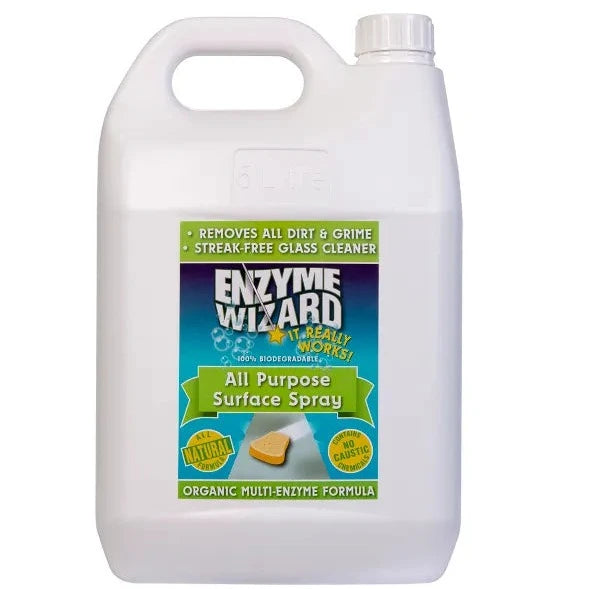 Enzyme Wizard Surface Spray uses a powerful enzyme formula to clean all surfaces, removing grease and grime safely without harsh chemicals