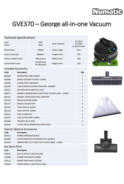 Numatic George GVE370 Wet & Dry Vacuum & Carpet Extractor